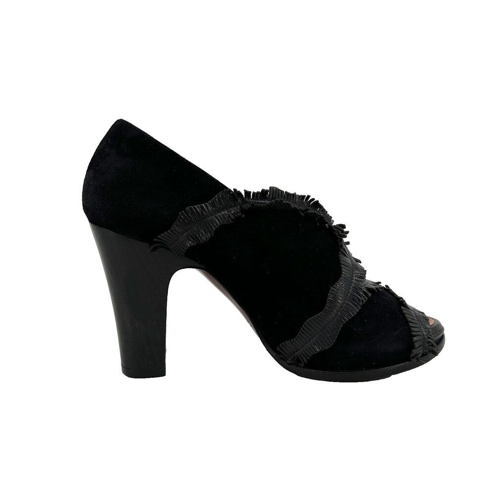 Chie Mihara Size 37 Black Suede Block Heels Fringe PeepToe 3.5in Boho Steampunk
